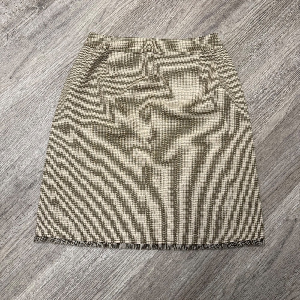 Harve Benard Wool Houndstooth Pencil Skirt Brown Tan Fringe Hem Size 10 Vintage